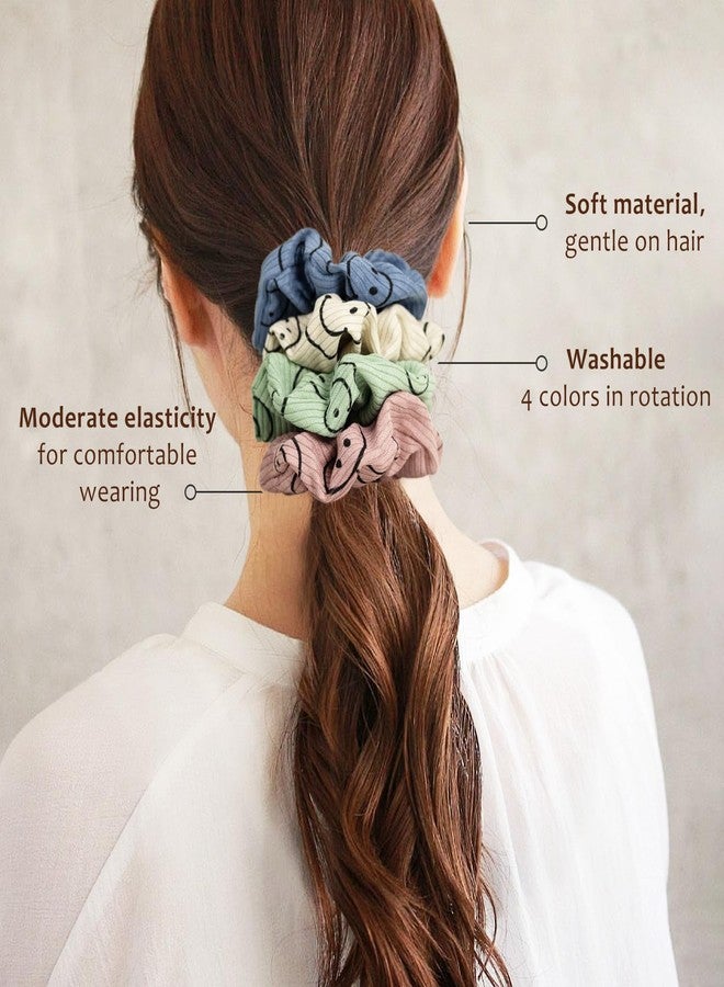 Eunoir 4PCS Large Corduroy Hair Scrunchies for Women and Girls, Thick Elastic No Damage No Crease Hair Ties, Cute Happy Face Series Fabric Hair Accessories (Classic) - Image 5